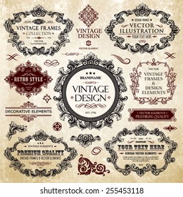 Vector vintage collection: Baroque and antique frames, labels, emblems and ornamental design elements on a old paper textural background