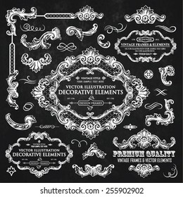 Vector vintage collection: Baroque and antique frames, labels, emblems and ornamental design elements on a chalkboard background