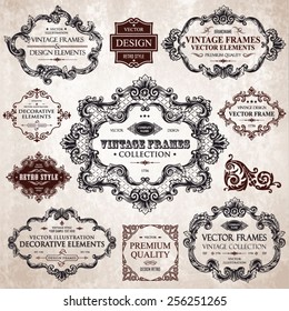 Vector vintage collection: Baroque and antique frames, labels, emblems and ornamental design elements on a old paper textural background