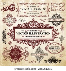 Vector vintage collection: Baroque and antique frames, labels, emblems and ornamental design elements on a old paper textural background