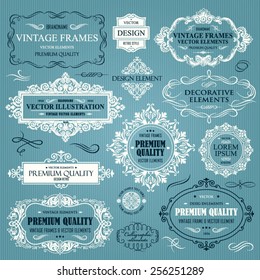 Vector vintage collection: Baroque, antique frames, labels, emblems, ornamental and calligraphic design elements for page decoration on a blue background