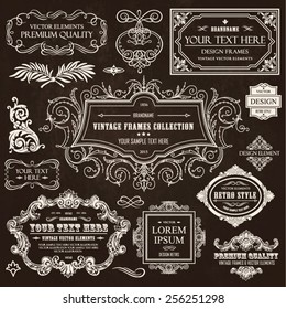 Vector vintage collection: Baroque, antique frames, labels, emblems, ornamental and calligraphic design elements for page decoration on a chalkboard background