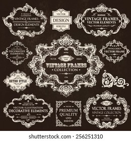 Vector vintage collection: Baroque, antique frames, labels, emblems, ornamental and calligraphic design elements for page decoration on a chalkboard background