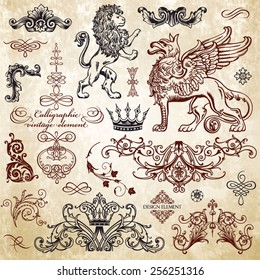 Vector vintage collection: Baroque and antique design elements, griffin, heraldic lion, crown on a old paper textural background