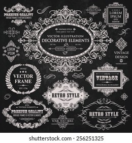 Vector vintage collection: Baroque, antique frames, labels, emblems, ornamental and calligraphic design elements for page decoration on a chalkboard background