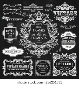 Vector vintage collection: Baroque, antique frames, labels, emblems, ornamental and calligraphic design elements for page decoration on a chalkboard background