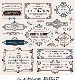 Vector vintage collection: Baroque and antique frames, labels, emblems and ornamental design elements on a old paper textural background