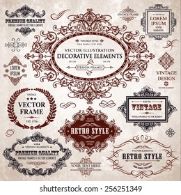 Vector vintage collection: Baroque and antique frames, labels, emblems and ornamental design elements on a old paper textural background