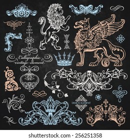 Vector vintage collection: Baroque and antique design elements, griffin, heraldic lion, crown on a chalkboard background