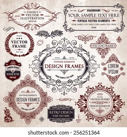 Vector vintage collection: Baroque and antique frames, labels, emblems and ornamental design elements on a old paper textural background