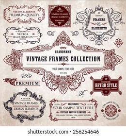 Vector vintage collection: Baroque and antique frames, labels, emblems and ornamental design elements on a old paper textural background
