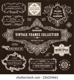 Vector vintage collection: Baroque, antique frames, labels, emblems, ornamental and calligraphic design elements for page decoration on a chalkboard background