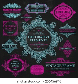 Vector vintage collection: Baroque, antique frames, labels, emblems, ornamental design elements for page decoration on a chalkboard background