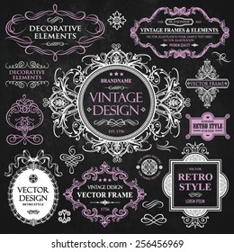 Vector vintage collection: Baroque, antique frames, labels, emblems, ornamental and calligraphic design elements for page decoration on a chalkboard background