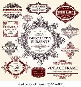 Vector vintage collection: Baroque, antique frames, labels, emblems, ornamental design elements for page decoration on a old paper textural background