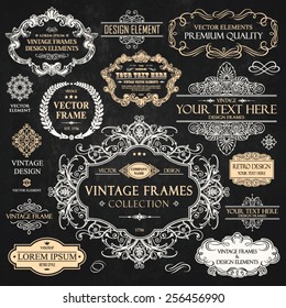 Vector vintage collection: Baroque, antique frames, labels, emblems, ornamental and calligraphic design elements for page decoration on a chalkboard background