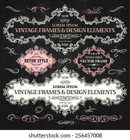 Vector vintage collection: Baroque, antique frames, labels, emblems, ornamental and calligraphic design elements for page decoration on a chalkboard background