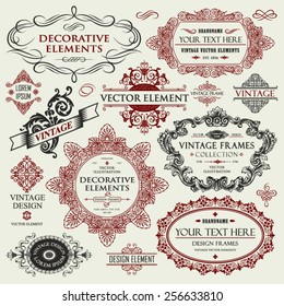 Vector vintage collection: Baroque and antique frames, labels, emblems and ornamental design elements on a old paper background