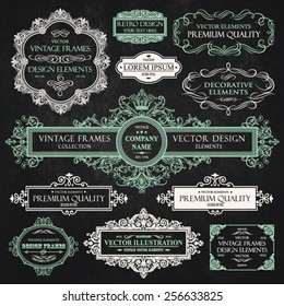 Vector vintage collection: Baroque, antique frames, labels, emblems, ornamental and calligraphic design elements for page decoration on a chalkboard background