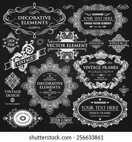 Vector vintage collection: Baroque, antique frames, labels, emblems, ornamental and calligraphic design elements for page decoration on a chalkboard background