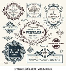 Vector vintage collection: Baroque and antique frames, labels, emblems and ornamental design elements on a old paper background