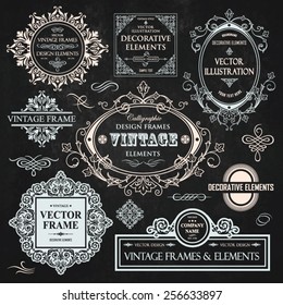 Vector vintage collection: Baroque, antique frames, labels, emblems, ornamental and calligraphic design elements for page decoration on a chalkboard background