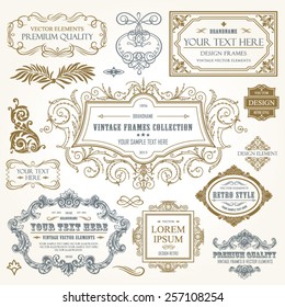 Vector vintage collection: Baroque and antique frames, labels, emblems and ornamental design elements on a old paper background