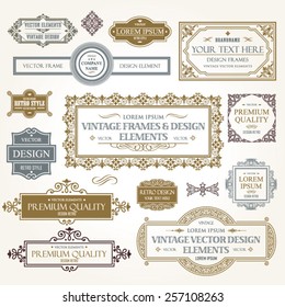 Vector vintage collection: Baroque and antique frames, labels, emblems and ornamental design elements on a old paper background