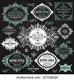 Vector vintage collection: Baroque, antique frames, labels, emblems, ornamental and calligraphic design elements for page decoration on a chalkboard background