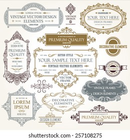 Vector vintage collection: Baroque and antique frames, labels, emblems and ornamental design elements on a old paper background