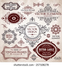 Vector vintage collection: Baroque and antique frames, labels, emblems and ornamental design elements on a old paper background