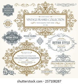 Vector vintage collection: Baroque and antique frames, labels, emblems and ornamental design elements on a old paper background