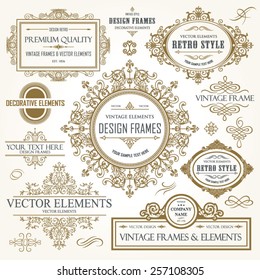 Vector vintage collection: Baroque and antique frames, labels, emblems and ornamental design elements on a old paper background