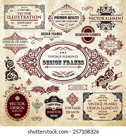 Vector vintage collection: Baroque and antique frames, labels, emblems and ornamental design elements on a old paper background