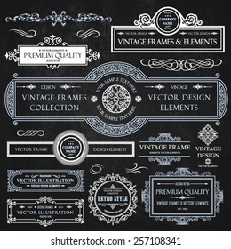 Vector vintage collection: Baroque, antique frames, labels, emblems, ornamental and calligraphic design elements for page decoration on a chalkboard background
