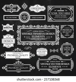 Vector vintage collection: Baroque, antique frames, labels, emblems, ornamental and calligraphic design elements for page decoration on a chalkboard background