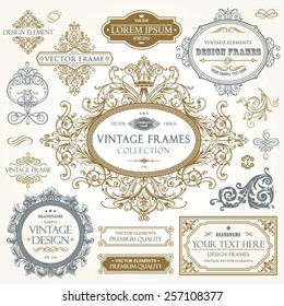 Vector vintage collection: Baroque and antique frames, labels, emblems and ornamental design elements on a old paper background