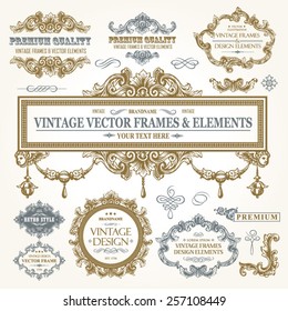 Vector vintage collection: Baroque and antique frames, labels, emblems and ornamental design elements on a old paper background