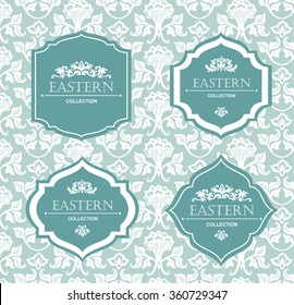 Vector vintage collection: Baroque and antique frames, labels, emblems and ornamental design elements on a victorian floral  background