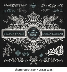 Vector vintage collection: Baroque frame with griffins and ornamental design elements on a chalkboard background