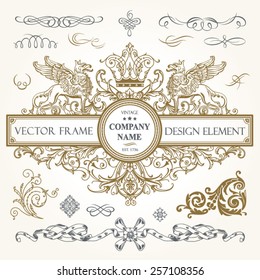 Vector vintage collection: Baroque frame with griffins and ornamental design elements on a old paper textural background