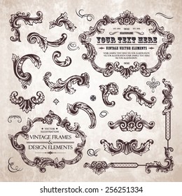 Vector vintage collection: Baroque frames and ornamental design elements on a old paper textural background
