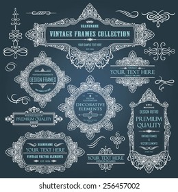 Vector vintage collection: frames, labels, emblems, ornamental and calligraphic design elements for page decoration on a blue background