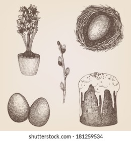 Vector vintage collection of hand drawn Easter illustrations. Ink drawn illustrations