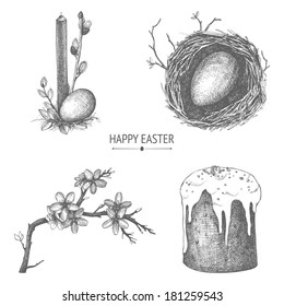Vector vintage collection hand drawn Easter illustrations isolated white