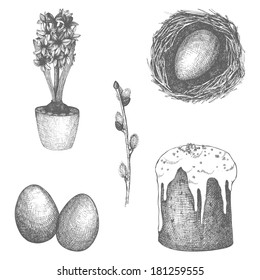 Vector vintage collection of hand drawn Easter illustrations isolated on white