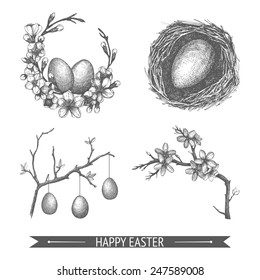 Vector vintage collection of hand drawn Easter illustrations isolated on white. Easter sketch set.