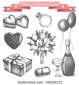Vector vintage collection of ink hand drawn Valentine's Day illustration isolated on white.