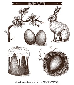 Vector vintage collection of ink hand drawn Easter illustrations isolated on white. Easter holiday sketch set. 