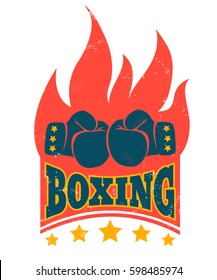 Vector vintage color poster for boxing with gloves and fire. Vintage logo for boxing